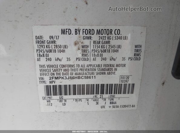 2FMPK3J86HBC58611 2017 FORD EDGE Белый Вид подкапотного пространства