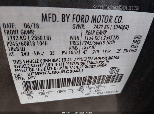 2FMPK3J86JBC38431 2018 FORD EDGE Gray Engine compartment view
