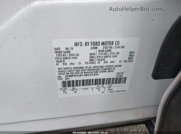 2FMPK3J87JBC51253 2018 FORD EDGE White Vista del compartimento del motor