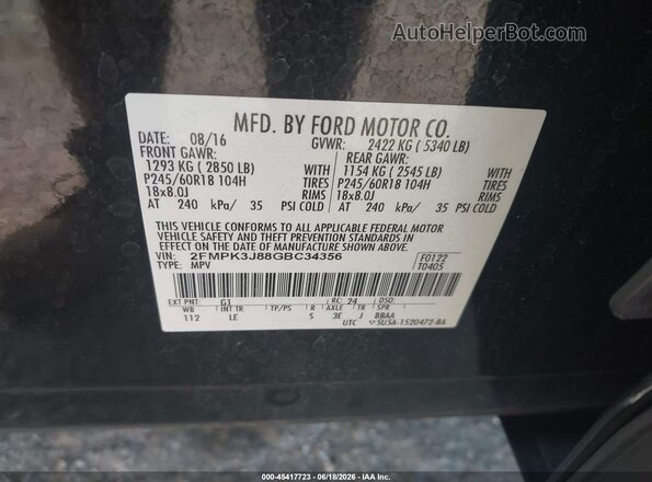 2FMPK3J88GBC34356 2016 FORD EDGE Black Engine compartment view