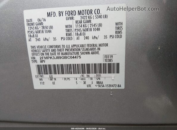 2FMPK3J89GBC04475 2016 FORD EDGE Серебряный Вид подкапотного пространства