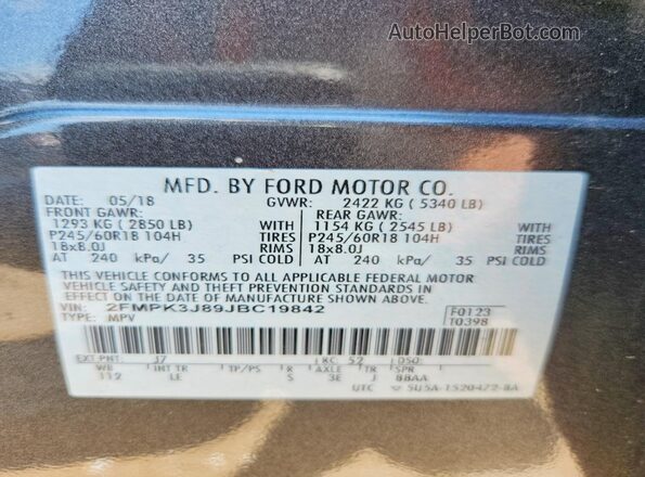 2FMPK3J89JBC19842 2018 FORD EDGE Gray VIN կոդի պիտակի տեսք