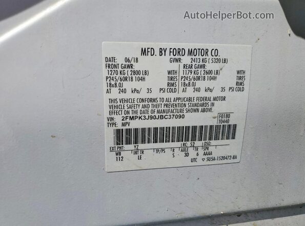 2FMPK3J90JBC37090 2018 FORD EDGE White Widok naklejki z numerem VIN