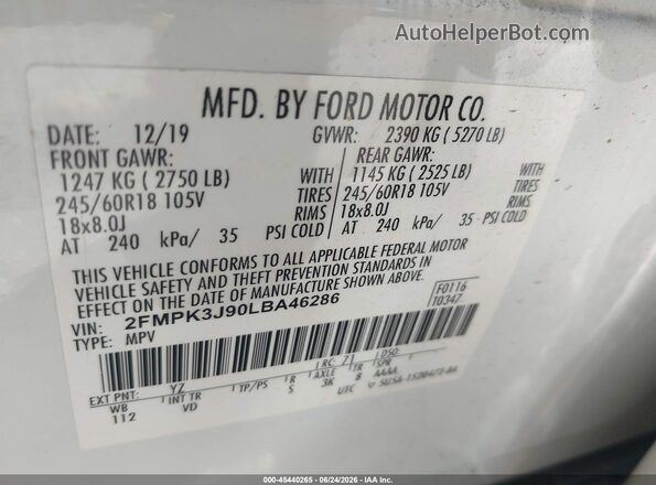 2FMPK3J90LBA46286 2020 FORD EDGE White Engine compartment view