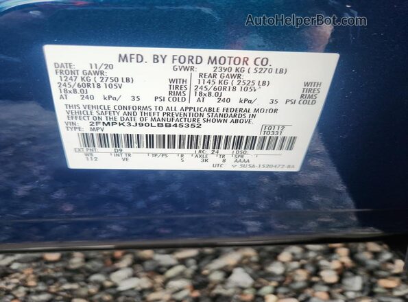 2FMPK3J90LBB45352 2020 FORD EDGE Blue VIN კოდის სტიკერის ხედი