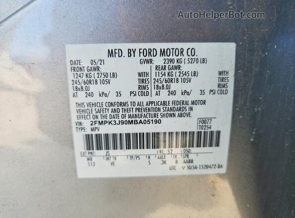 2FMPK3J90MBA05190 2021 FORD EDGE Silver VIN sticker view