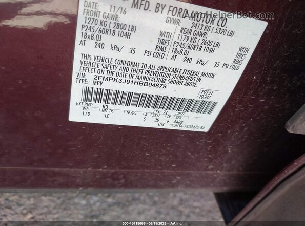 2FMPK3J91HBB04879 2017 FORD EDGE Maroon Engine compartment view