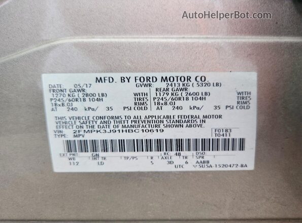 2FMPK3J91HBC10619 2017 FORD EDGE Tan Widok komory silnika