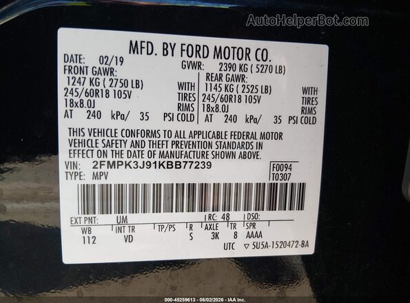 2FMPK3J91KBB77239 2019 FORD EDGE Black Vista del compartimento del motor