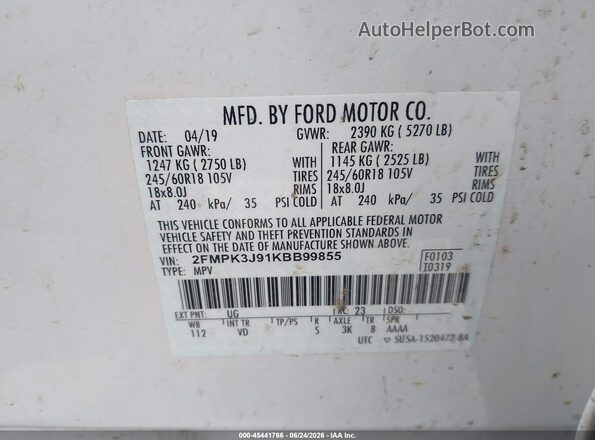 2FMPK3J91KBB99855 2019 FORD EDGE Белый Вид подкапотного пространства