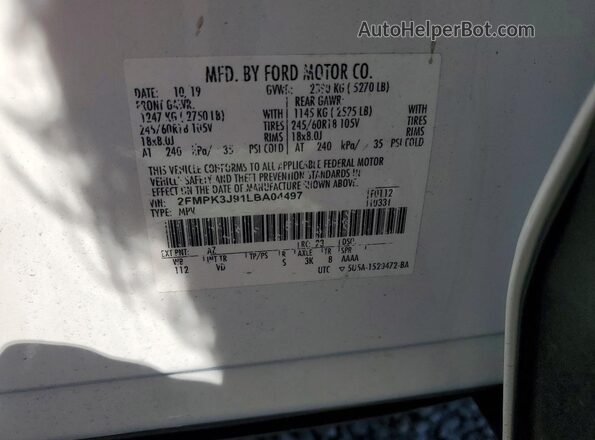 2FMPK3J91LBA04497 2020 FORD EDGE White VIN კოდის სტიკერის ხედი