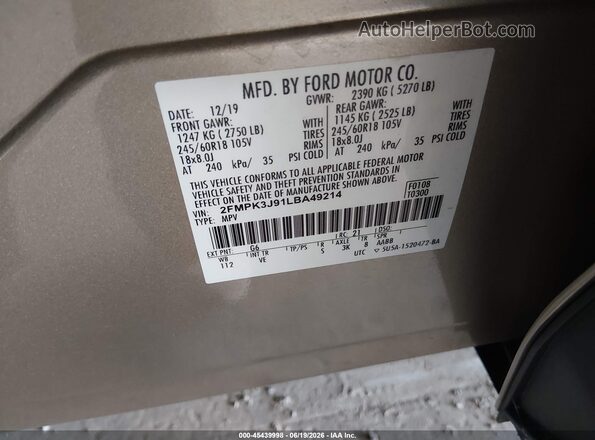 2FMPK3J91LBA49214 2020 FORD EDGE Gold Widok komory silnika