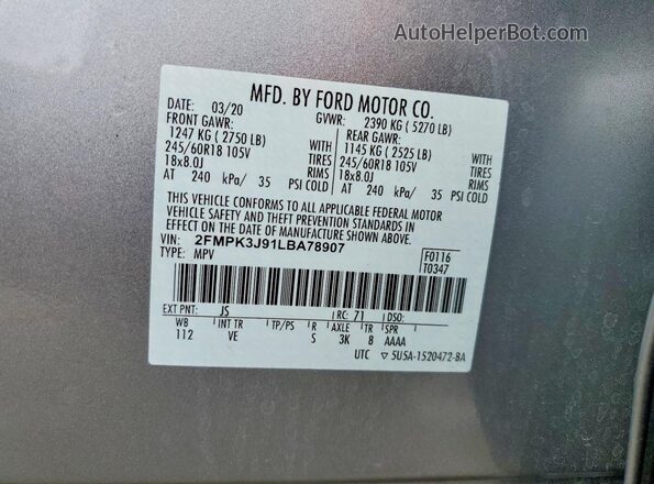 2FMPK3J91LBA78907 2020 FORD EDGE Silver VIN կոդի պիտակի տեսք