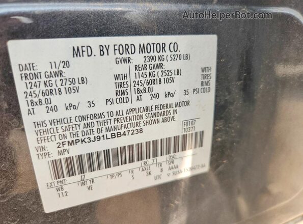 2FMPK3J91LBB47238 2020 FORD EDGE Charcoal Vista de la etiqueta del VIN