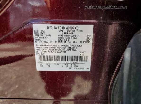 2FMPK3J91MBA21396 2021 FORD EDGE Burgundy Widok naklejki z numerem VIN