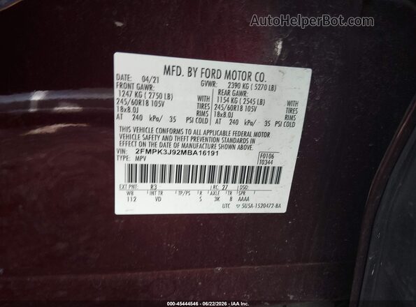 2FMPK3J92MBA16191 2021 FORD EDGE Maroon ძრავის განყოფილების ხედი