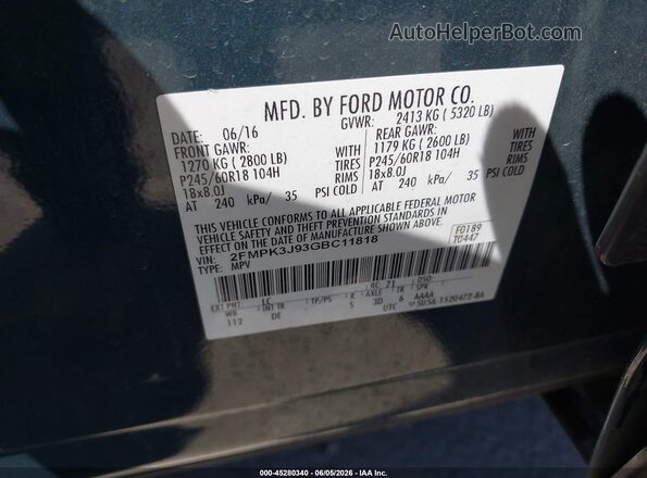 2FMPK3J93GBC11818 2016 FORD EDGE Blue 