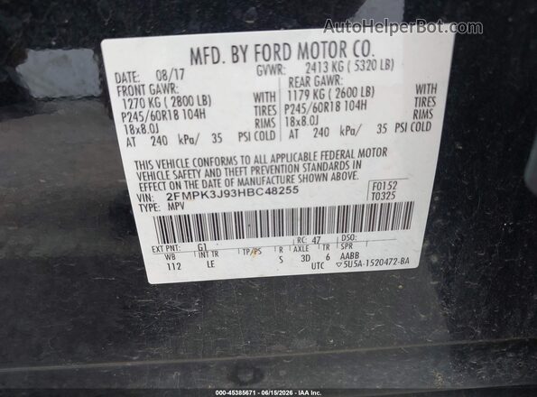 2FMPK3J93HBC48255 2017 FORD EDGE Black Вид підкапотного простору