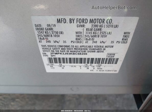 2FMPK3J93KBC68206 2019 FORD EDGE Silver Engine compartment view