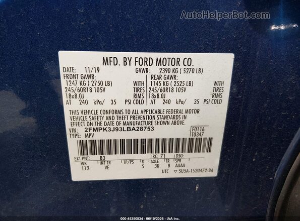 2FMPK3J93LBA28753 2020 FORD EDGE Blue Շարժիչի բաժամունքի տեսք