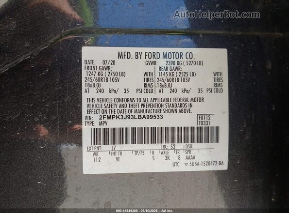 2FMPK3J93LBA99533 2020 FORD EDGE Gray ძრავის განყოფილების ხედი