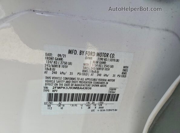 2FMPK3J93MBA43836 2021 FORD EDGE Белый Панорамный вид салона 360°