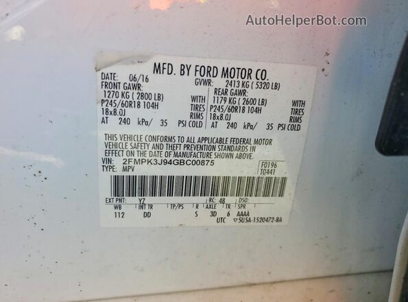 2FMPK3J94GBC00875 2016 FORD EDGE White Вид наклейки з VIN-кодом