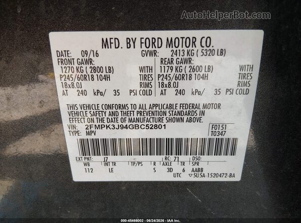 2FMPK3J94GBC52801 2016 FORD EDGE Gray Engine compartment view