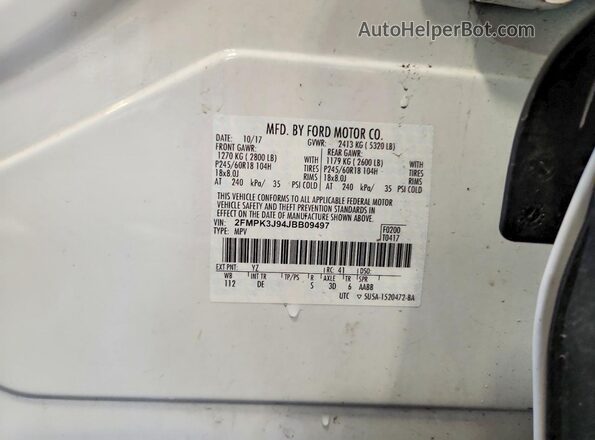 2FMPK3J94JBB09497 2018 FORD EDGE White Vista de la etiqueta del VIN