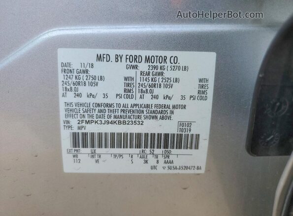2FMPK3J94KBB23532 2019 FORD EDGE Silver VIN կոդի պիտակի տեսք