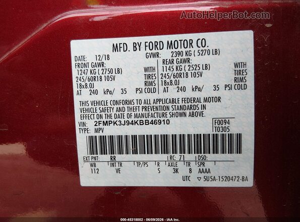 2FMPK3J94KBB46910 2019 FORD EDGE Red ძრავის განყოფილების ხედი
