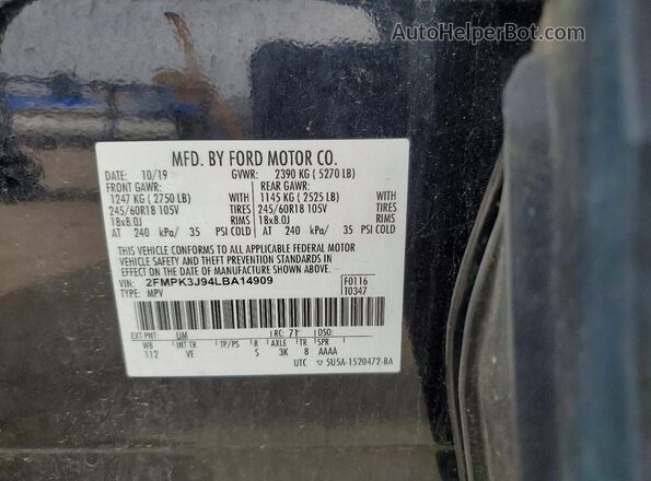 2FMPK3J94LBA14909 2020 FORD EDGE Black 360 interior view