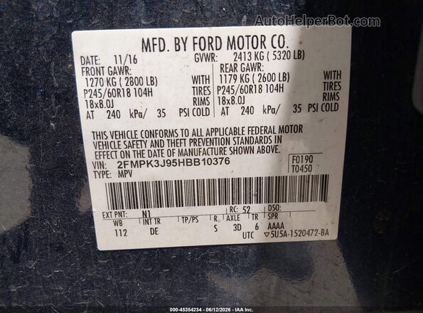 2FMPK3J95HBB10376 2017 FORD EDGE Blue Vista del compartimento del motor
