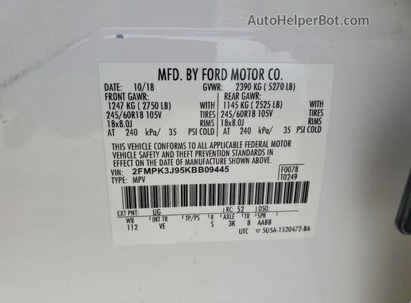2FMPK3J95KBB09445 2019 FORD EDGE White სალონის 360-გრადუსიანი ხედი