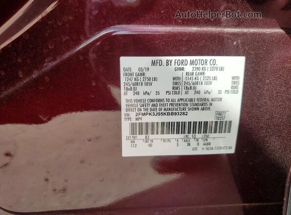 2FMPK3J95KBB93282 2019 FORD EDGE Burgundy Вид наклейки з VIN-кодом