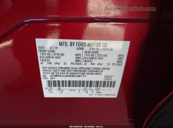 2FMPK3J95KBC48717 2019 FORD EDGE Red Engine compartment view
