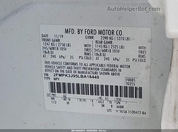 2FMPK3J95LBA18449 2020 FORD EDGE White Շարժիչի բաժամունքի տեսք