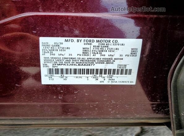 2FMPK3J95LBA82877 2020 FORD EDGE Burgundy VIN sticker view