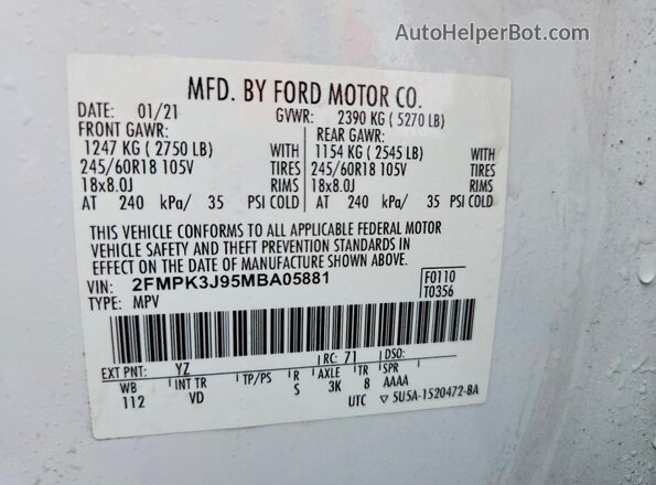 2FMPK3J95MBA05881 2021 FORD EDGE White 