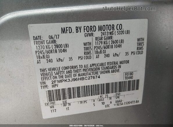2FMPK3J96HBC27674 2017 FORD EDGE Silver ძრავის განყოფილების ხედი