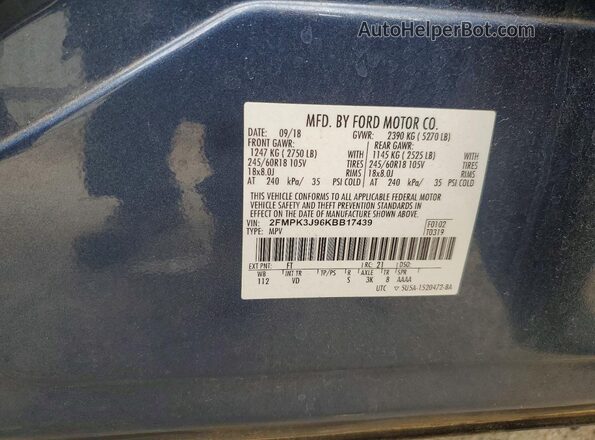 2FMPK3J96KBB17439 2019 FORD EDGE Синий 