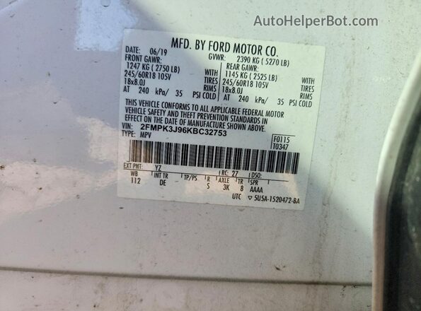 2FMPK3J96KBC32753 2019 FORD EDGE White VIN sticker view
