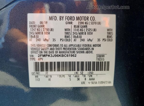 2FMPK3J96KBC61962 2019 FORD EDGE Blue Widok wnętrza 360 stopni