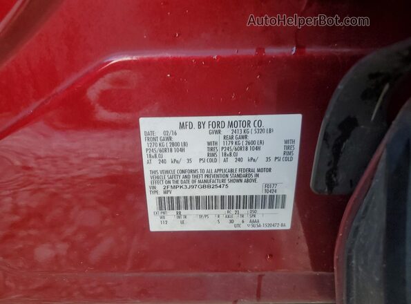 2FMPK3J97GBB25475 2016 FORD EDGE Красный Вид наклейки с VIN-кодом