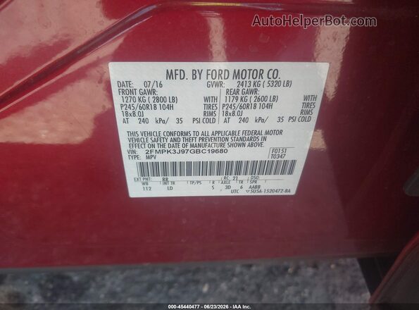 2FMPK3J97GBC19680 2016 FORD EDGE Red Շարժիչի բաժամունքի տեսք