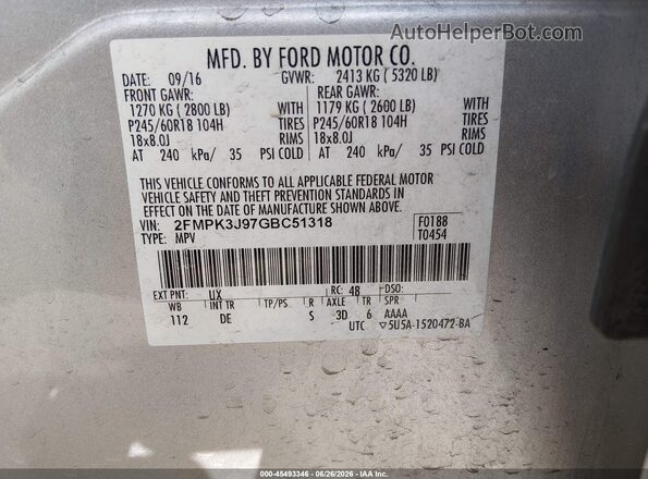 2FMPK3J97GBC51318 2016 FORD EDGE Silver Вид підкапотного простору
