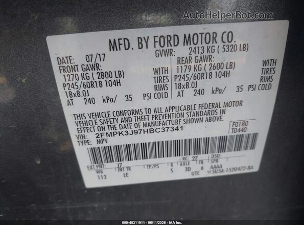 2FMPK3J97HBC37341 2017 FORD EDGE Gray ძრავის განყოფილების ხედი
