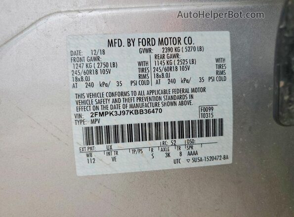 2FMPK3J97KBB36470 2019 FORD EDGE Серебряный Панорамный вид салона 360°