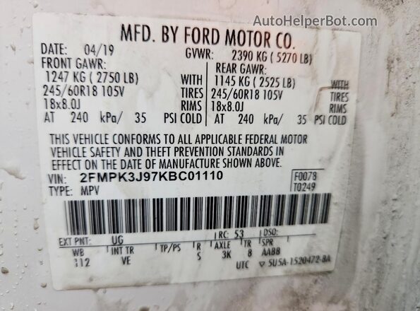 2FMPK3J97KBC01110 2019 FORD EDGE White Widok wnętrza 360 stopni