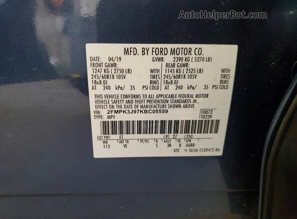 2FMPK3J97KBC05559 2019 FORD EDGE Blue Widok naklejki z numerem VIN